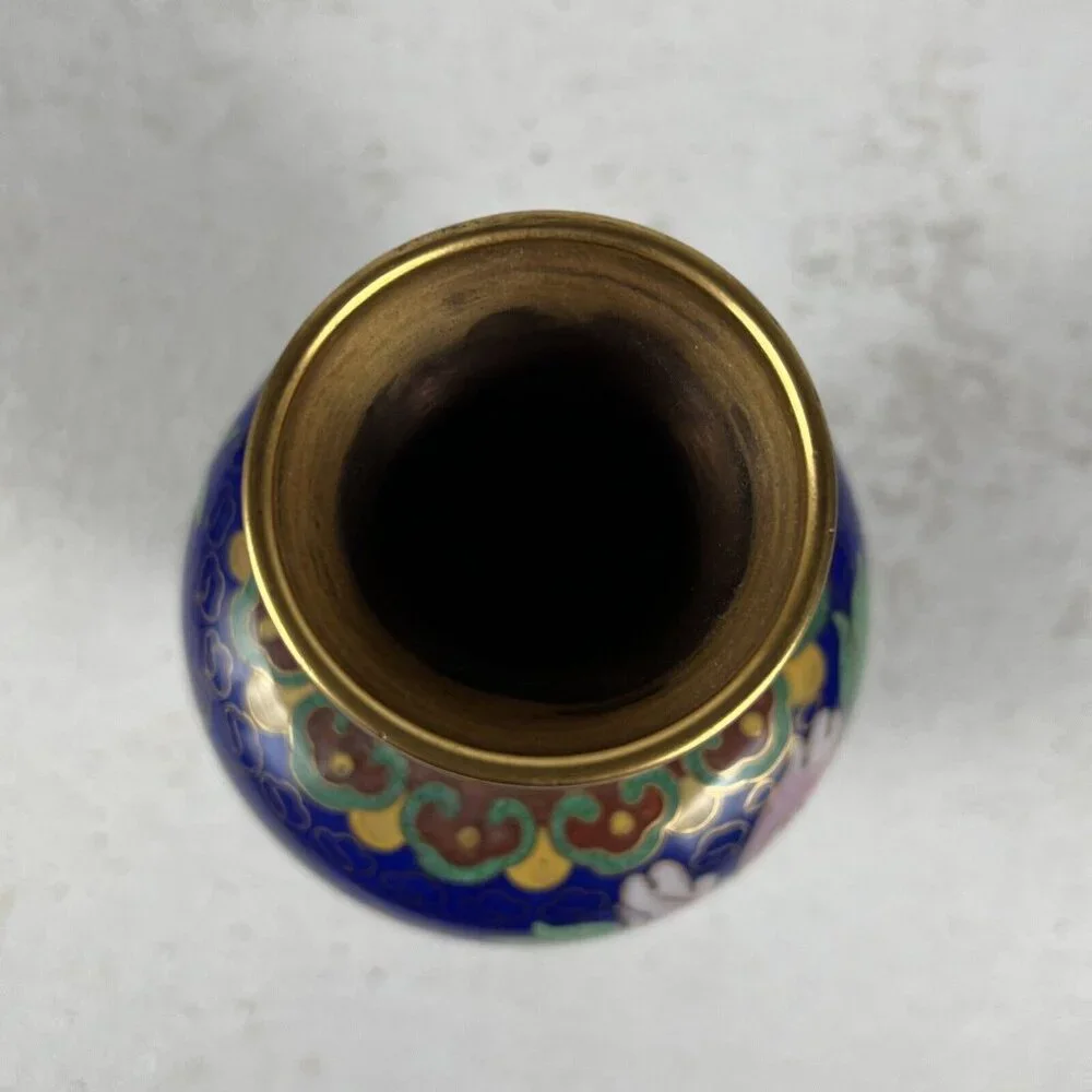 Vintage Deep Blue and Pink Cloisonne Vase Asian Style Peony Flower‎ Gold Accents